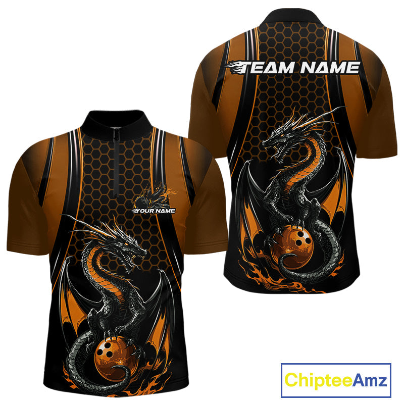 Custom Black And Orange Flame Dragon Bowling Jerseys, Dragon Bowling Team Men Quarter-Zip Shirt IPHW9906