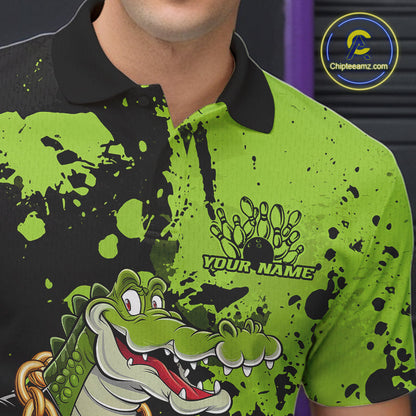 Custom Green Splatter Funny Alligator Bowling Men Polo Shirts, Bowling Team Shirts IPHW9921