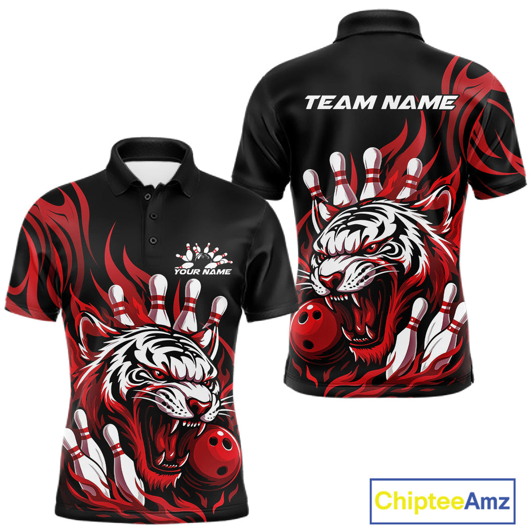 Custom Black And Red Tiger Men Bowling Jerseys, Tiger Bowling Team League Shirt IPHW10160