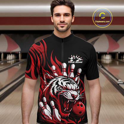 Custom Black And Red Tiger Men Bowling Jerseys, Tiger Bowling Team League Shirt IPHW10160