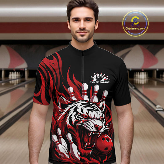 Custom Black And Red Tiger Men Bowling Jerseys, Tiger Bowling Team League Shirt IPHW10160