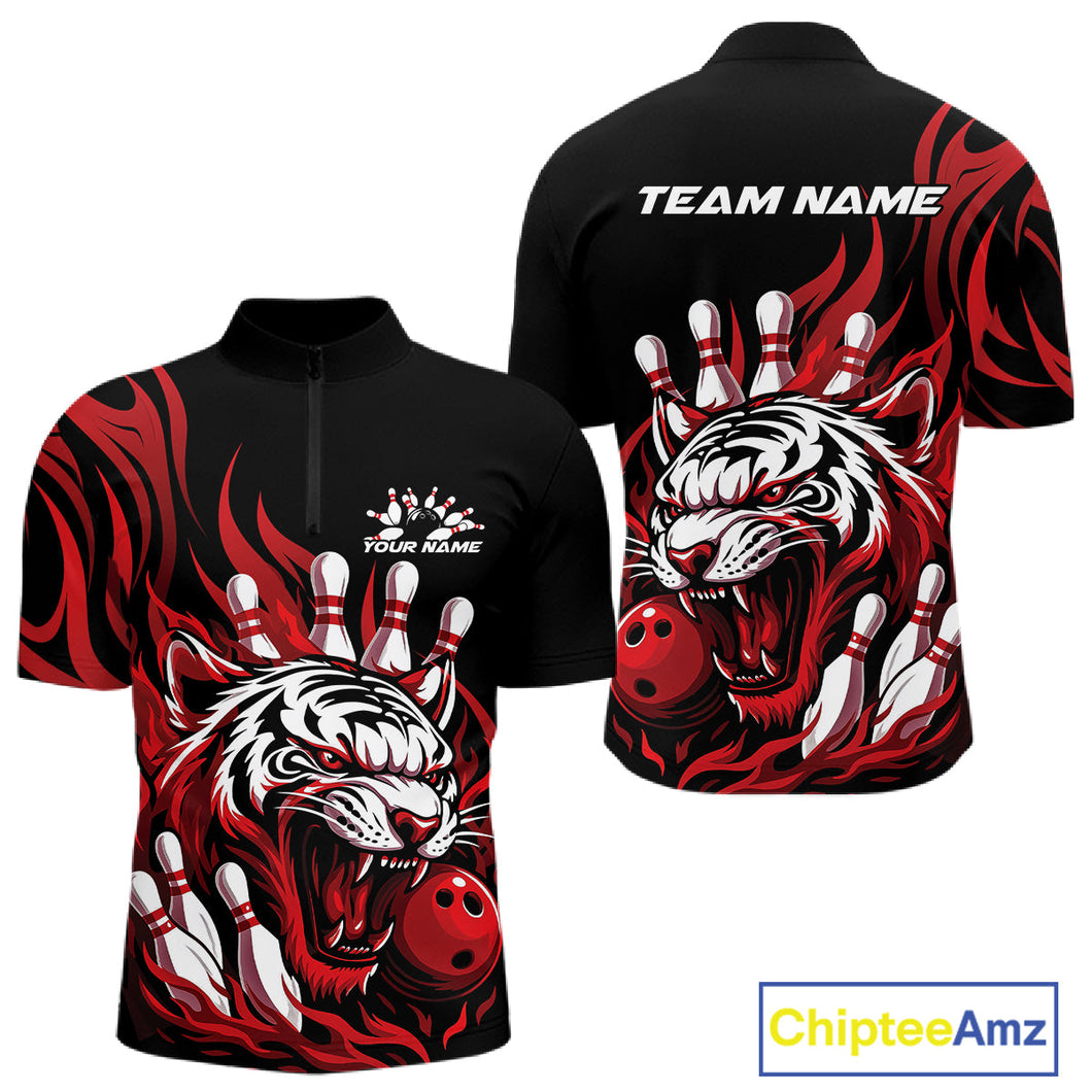 Custom Black And Red Tiger Men Bowling Jerseys, Tiger Bowling Team League Shirt IPHW10160