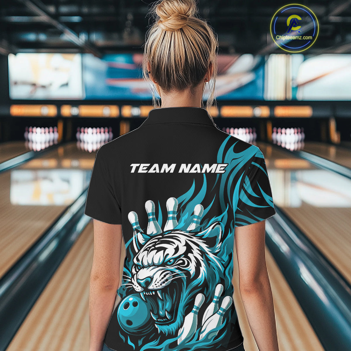 Custom Black And Blue Tiger Women Bowling Jerseys, Tiger Bowling Team League Shirt IPHW10161