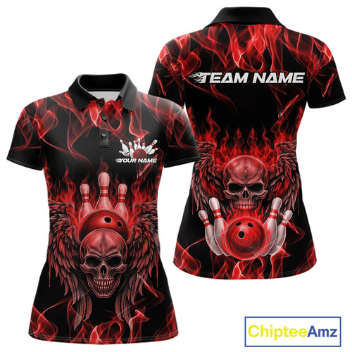 Custom Black And Red Flame Skull With Wings Women Bowling Shirt, Halloween Team Shirt IPHW10165