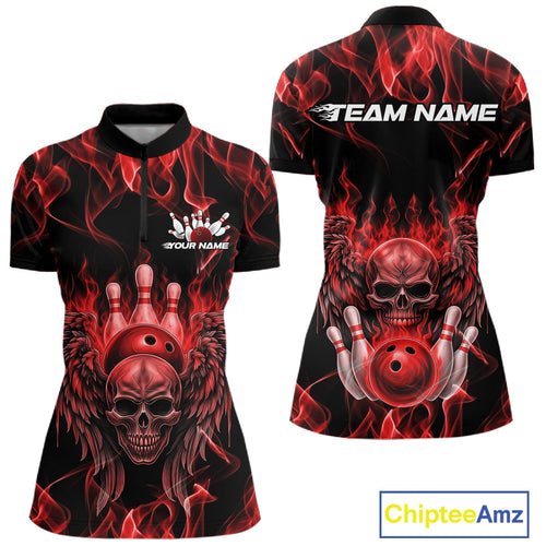 Custom Black And Red Flame Skull With Wings Women Bowling Shirt, Halloween Team Shirt IPHW10165