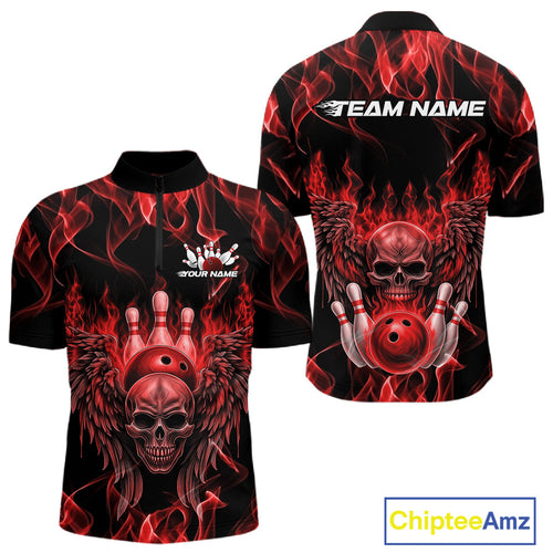 Custom Black And Red Flame Skull With Wings Men Bowling Shirt, Halloween Team Shirt IPHW10165