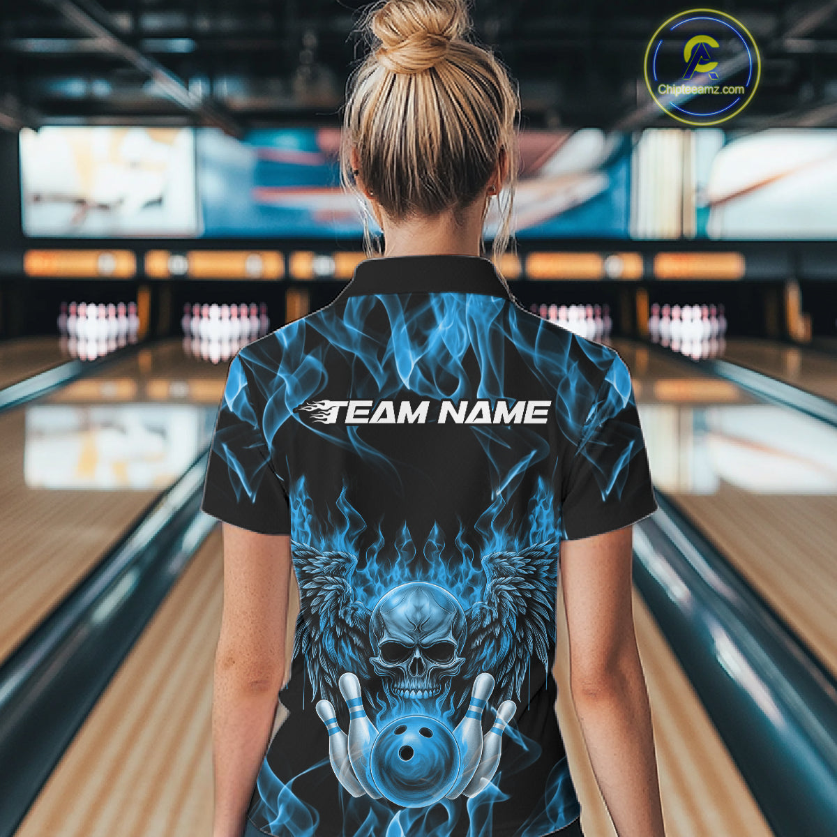 Custom Black And Blue Flame Skull With Wings Women Bowling Shirt, Halloween Team Shirt IPHW10166