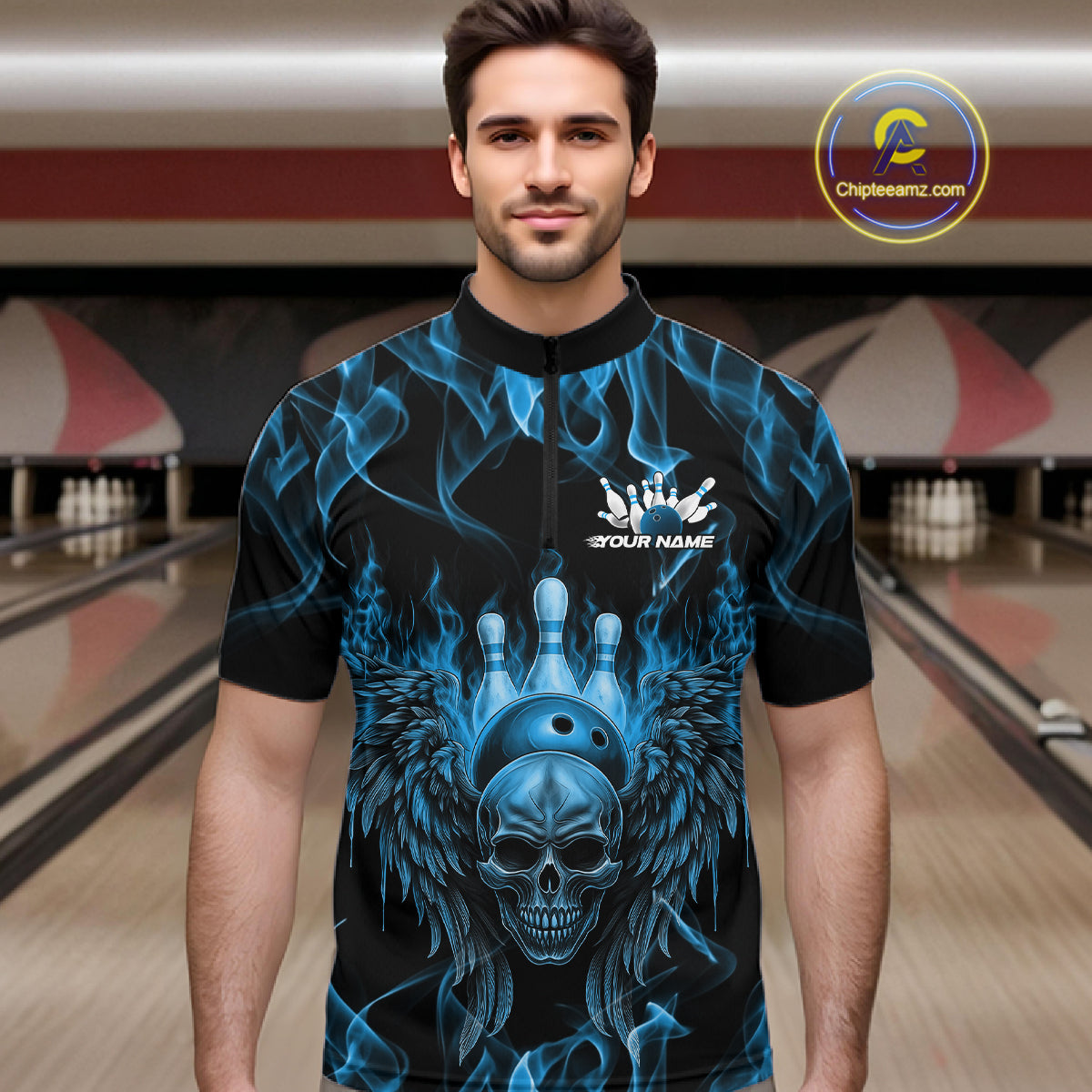 Custom Black And Blue Flame Skull With Wings Men Bowling Shirt, Halloween Team Shirt IPHW10166