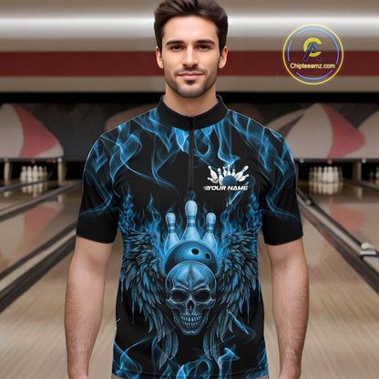 Custom Black And Blue Flame Skull With Wings Men Bowling Shirt, Halloween Team Shirt IPHW10166