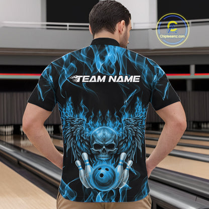 Custom Black And Blue Flame Skull With Wings Men Bowling Shirt, Halloween Team Shirt IPHW10166