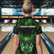Load image into Gallery viewer, Custom Black And Green Flame Skull With Wings Women Bowling Shirt, Halloween Team Shirt IPHW10167