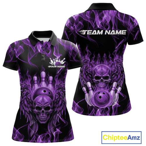 Custom Black And Purple Flame Skull With Wings Women Bowling Shirt, Halloween Team Shirt IPHW10168