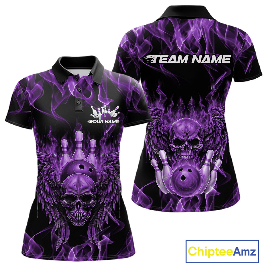 Custom Black And Purple Flame Skull With Wings Women Bowling Shirt, Halloween Team Shirt IPHW10168
