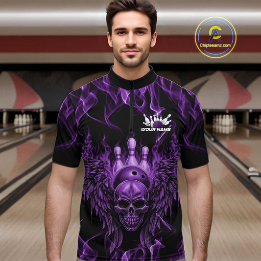 Custom Black And Purple  Flame Skull With Wings Men Bowling Shirt, Halloween Team Shirt IPHW10168