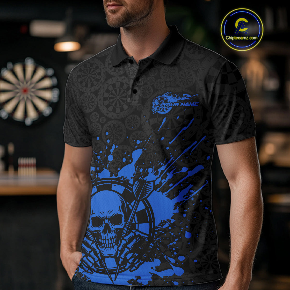 Custom Black And Pink Splatter Dart Skull Men Polo Shirt, Dart Bone Halloween Team Jerseys IPHW9950