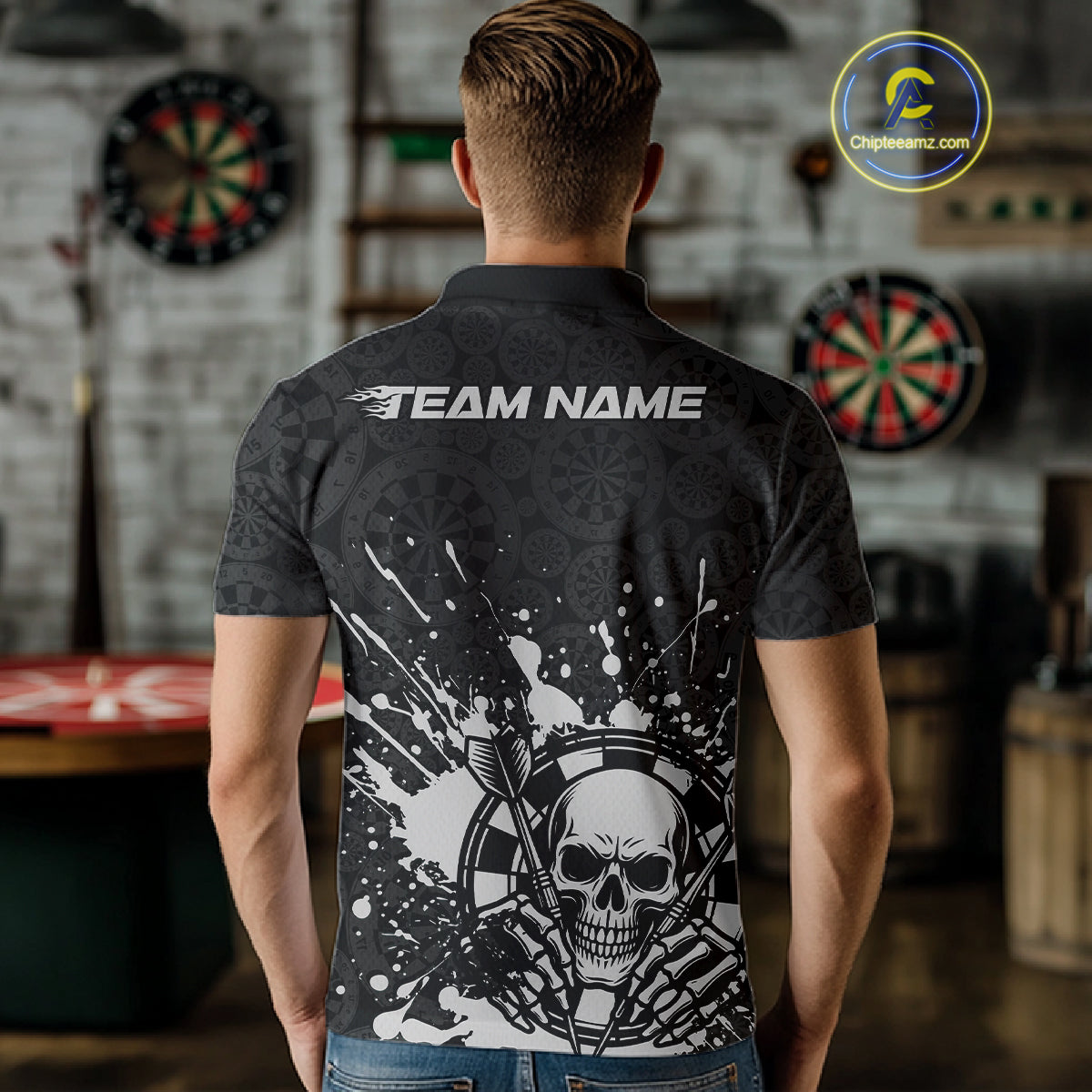 Custom Black And Gray Splatter Dart Skull Men Polo Shirt, Dart Bone Halloween Team Jerseys IPHW9951