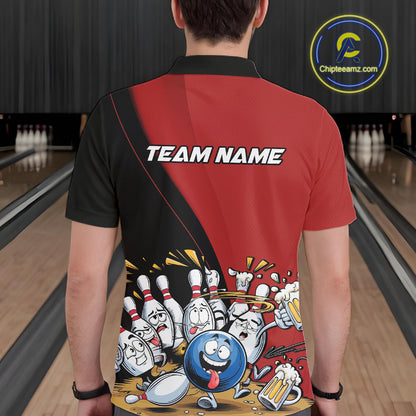 Custom Red Funny Bowling Men Polo Shirts, Bowling And Beer Party Bowlers Outfit IPHW10816
