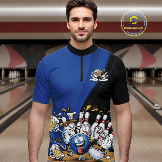 Custom Blue Funny Bowling Men Quarter-Zip Shirts, Bowling And Beer Party Bowlers Outfit IPHW10818