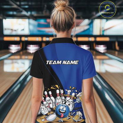 Custom Blue Funny Bowling Women Shirts, Bowling And Beer Party Bowlers Outfit IPHW10818