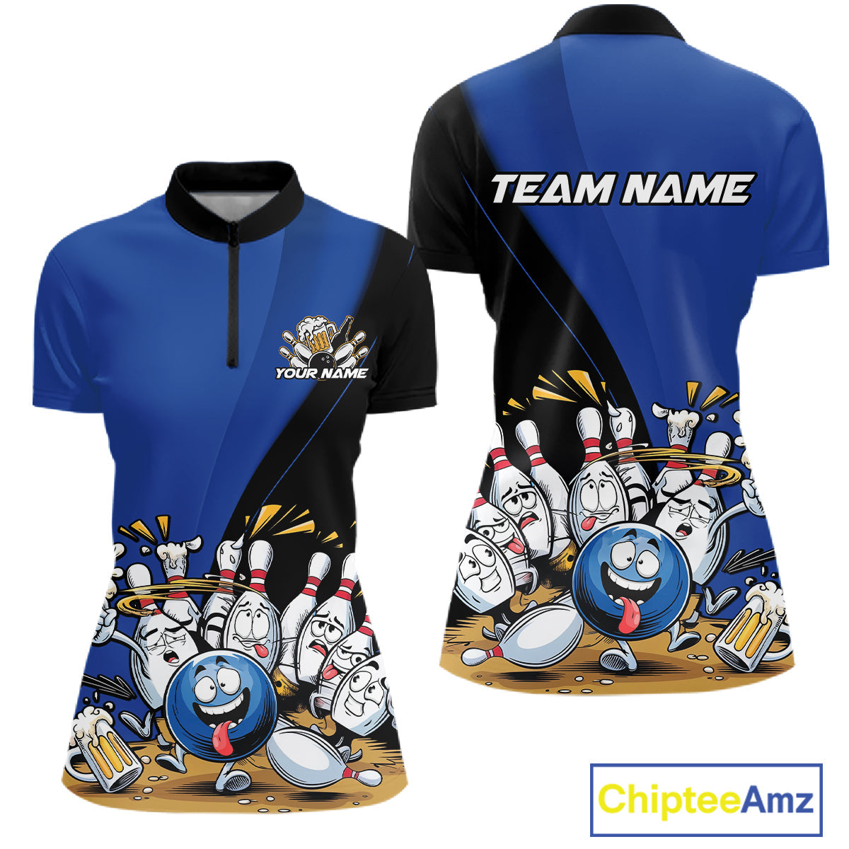 Custom Blue Funny Bowling Women Shirts, Bowling And Beer Party Bowlers Outfit IPHW10818