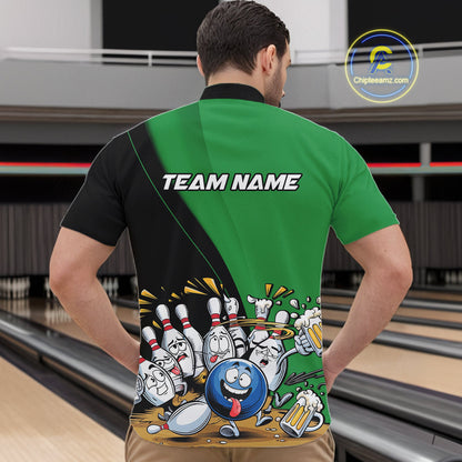 Custom Green Funny Bowling Men Quarter-Zip Shirts, Bowling And Beer Party Bowlers Outfit IPHW10819