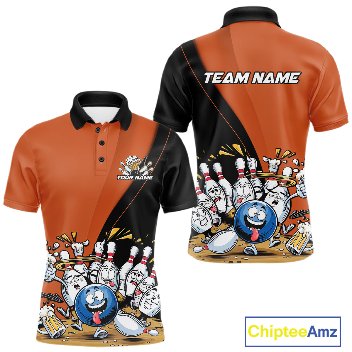Custom Orange Funny Bowling Men Polo Shirts, Bowling And Beer Party Bowlers Outfit IPHW10820