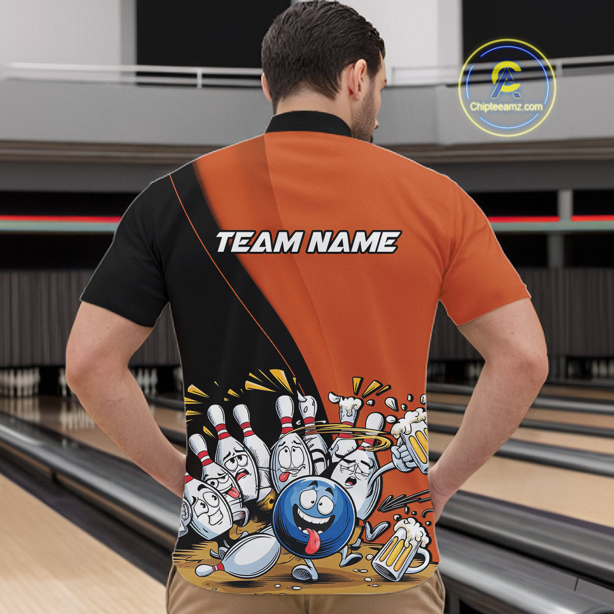 Custom Orange Funny Bowling Men Quarter-Zip Shirts, Bowling And Beer Party Bowlers Outfit IPHW10820