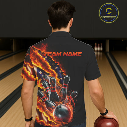 Custom Patriotic Flame Men And Women Bowling Team Shirt, US Flag Bowling League Team Shirt IPHW10193