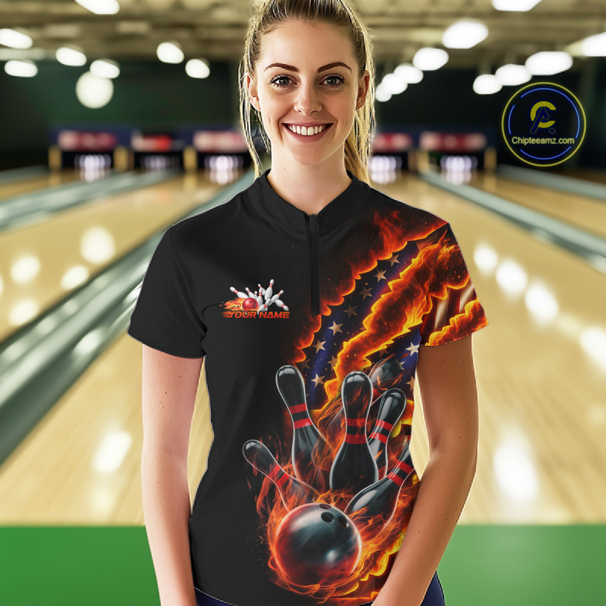 Custom Patriotic Flame Women Bowling Team Shirt, US Flag Bowling League Team Shirt IPHW10193