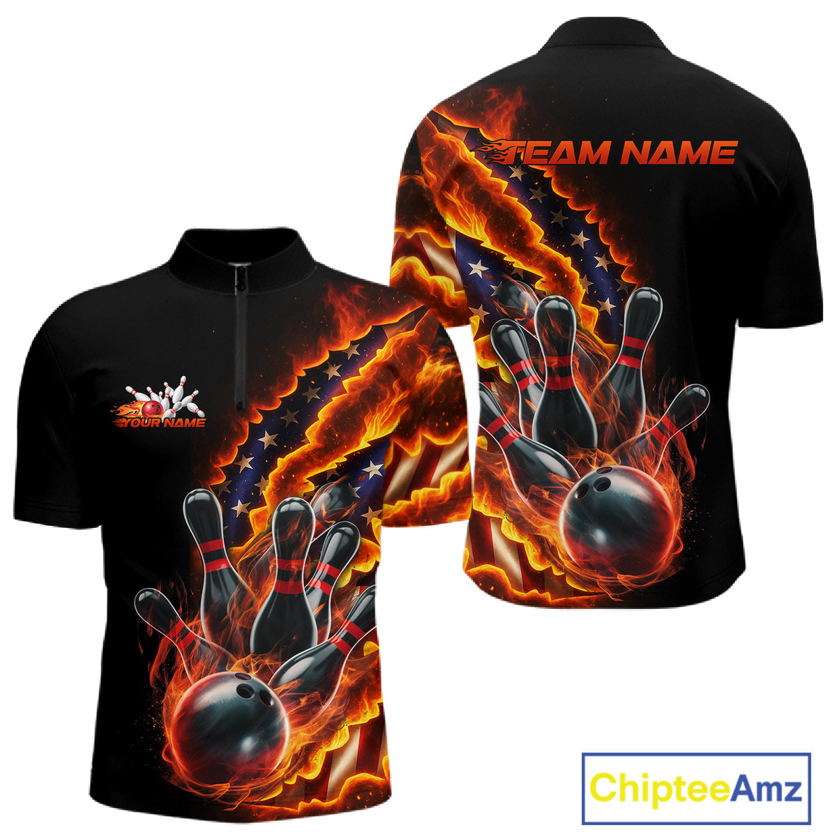 Custom Patriotic Flame Men Bowling Team Shirt, US Flag Bowling League Team Shirt IPHW10193
