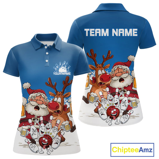 Custom Blue Funny Christmas Women Bowling Shirts, Bowling And Beer Xmas Party Shirt IPHW10205