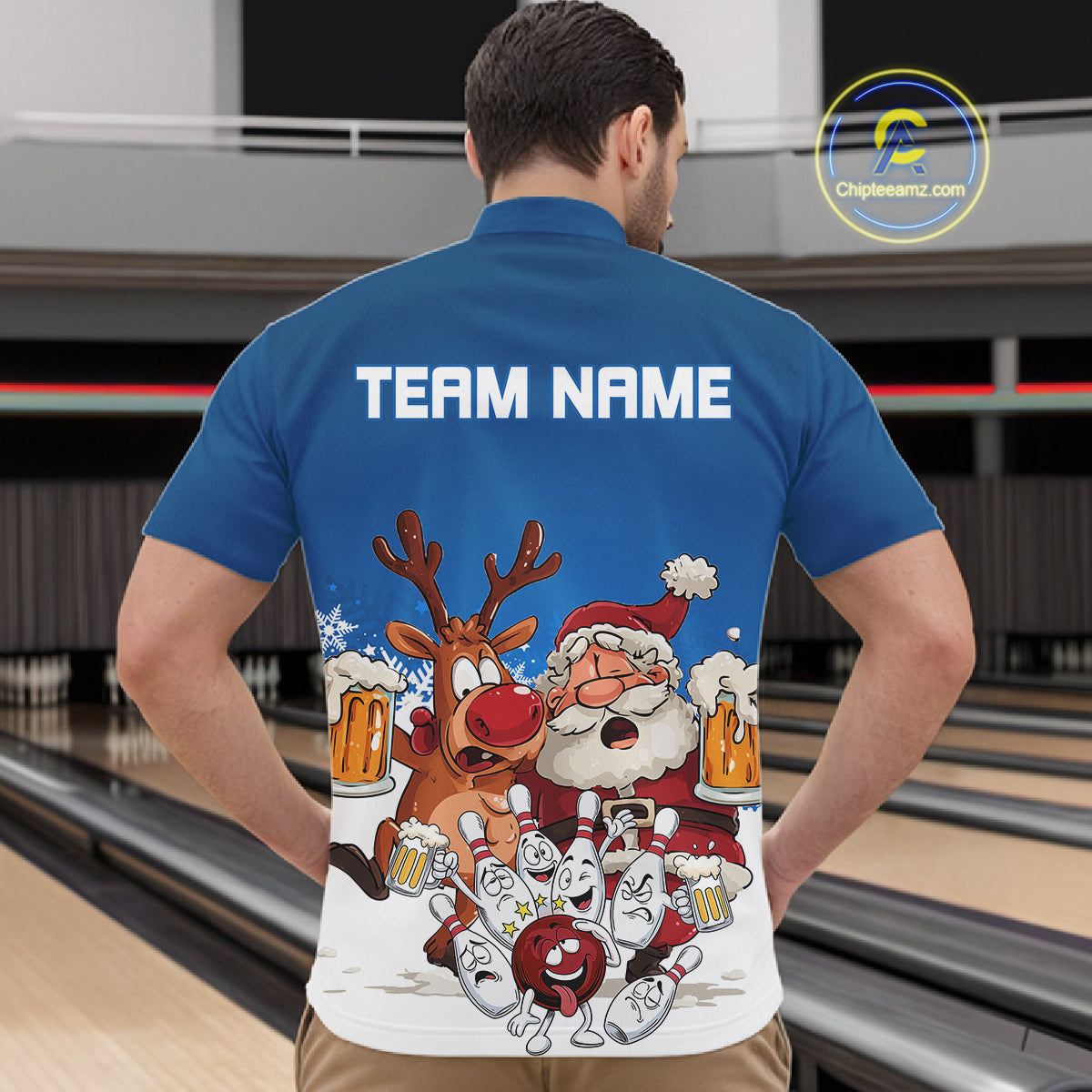 Custom Blue Funny Christmas Men Bowling Shirts, Bowling And Beer Xmas Party Shirt IPHW10205