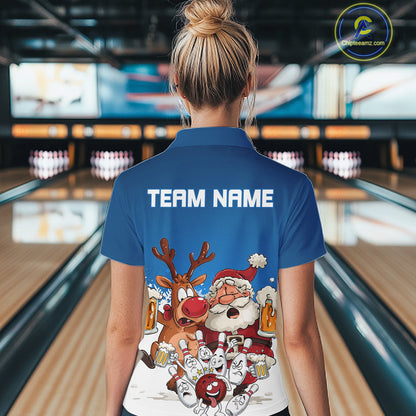 Custom Blue Funny Christmas Women Bowling Shirts, Bowling And Beer Xmas Party Shirt IPHW10205