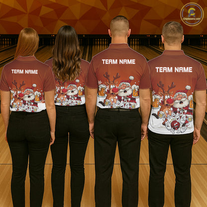 Custom Orange Funny Christmas Men Bowling Shirts, Bowling And Beer Xmas Party Shirt IPHW10206