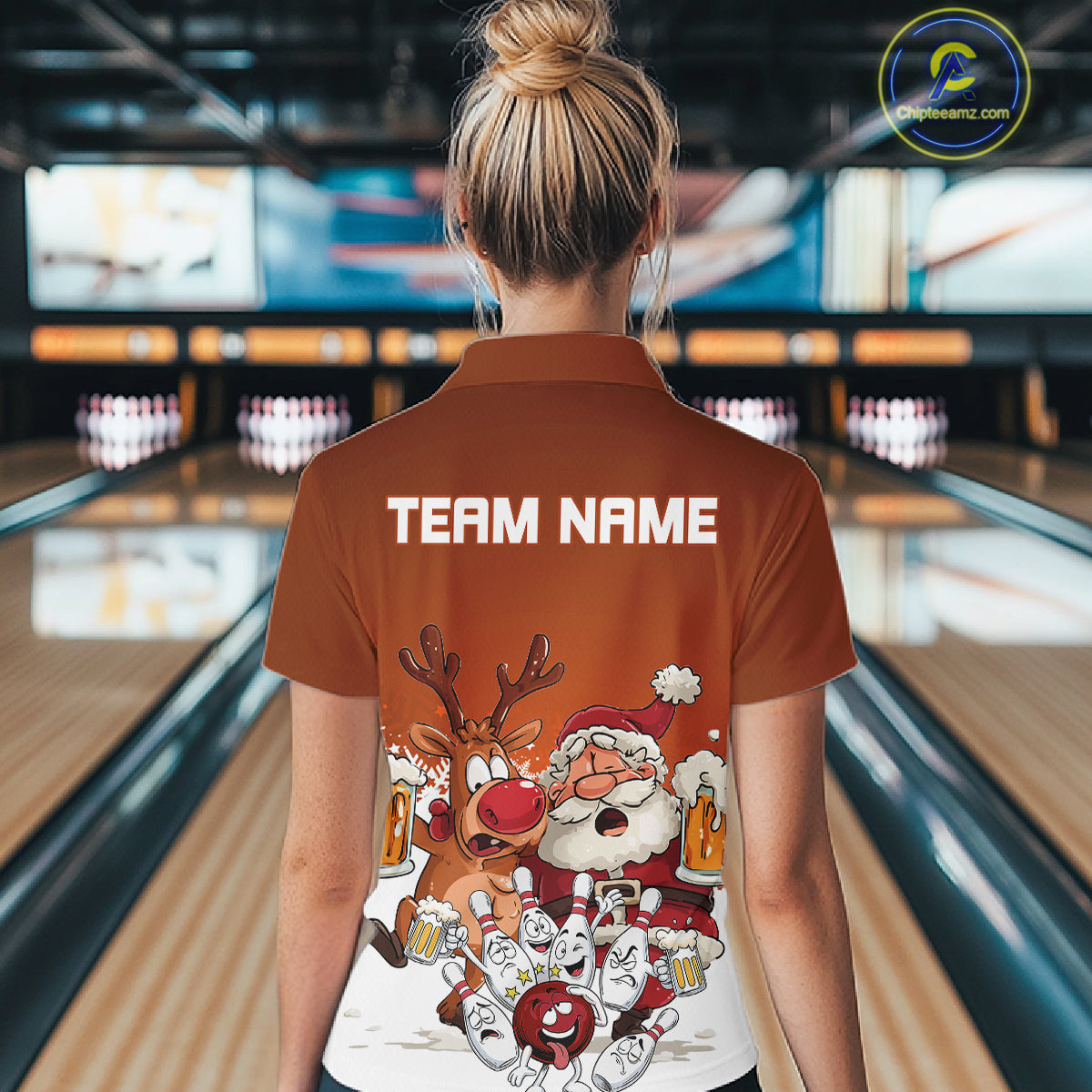 Custom Orange Funny Christmas Women Bowling Shirts, Bowling And Beer Xmas Party Shirt IPHW10206