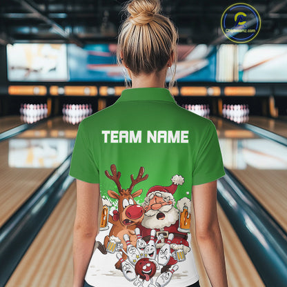 Custom Green Funny Christmas Women Bowling Shirts, Bowling And Beer Xmas Party Shirt IPHW10207
