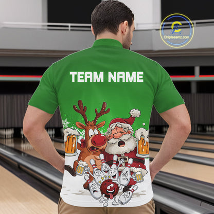 Custom Green Funny Christmas Men Bowling Shirts, Bowling And Beer Xmas Party Shirt IPHW10207