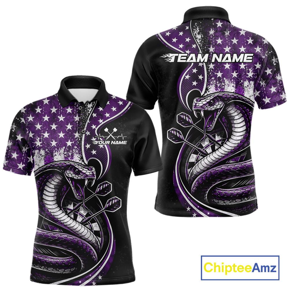 Customizable purple and black stars and stripes patriotic cobra snake men's dart polo shirt featuring a personalized "TEAM NAME" text template on the back.