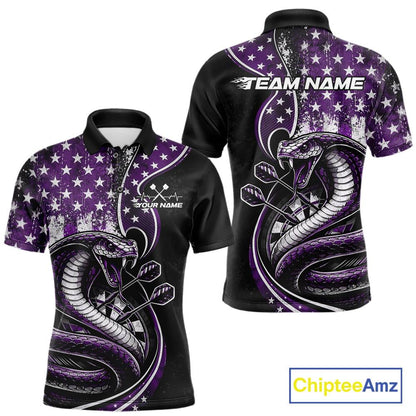 Customizable purple and black stars and stripes patriotic cobra snake men's dart polo shirt featuring a personalized "TEAM NAME" text template on the back.