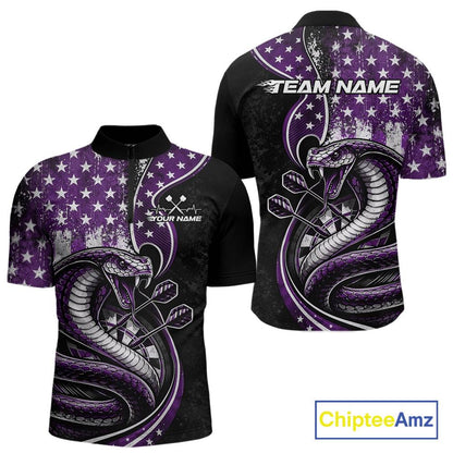 Customizable purple and black stars and stripes patriotic cobra snake men's dart quarter-zip jersey shirt featuring a personalized "TEAM NAME" text template on the back.