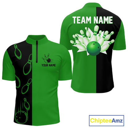 Green and Black retro vintage Bowling polo, quarter zip shirts for men custom Bowling team jerseys NQS11564