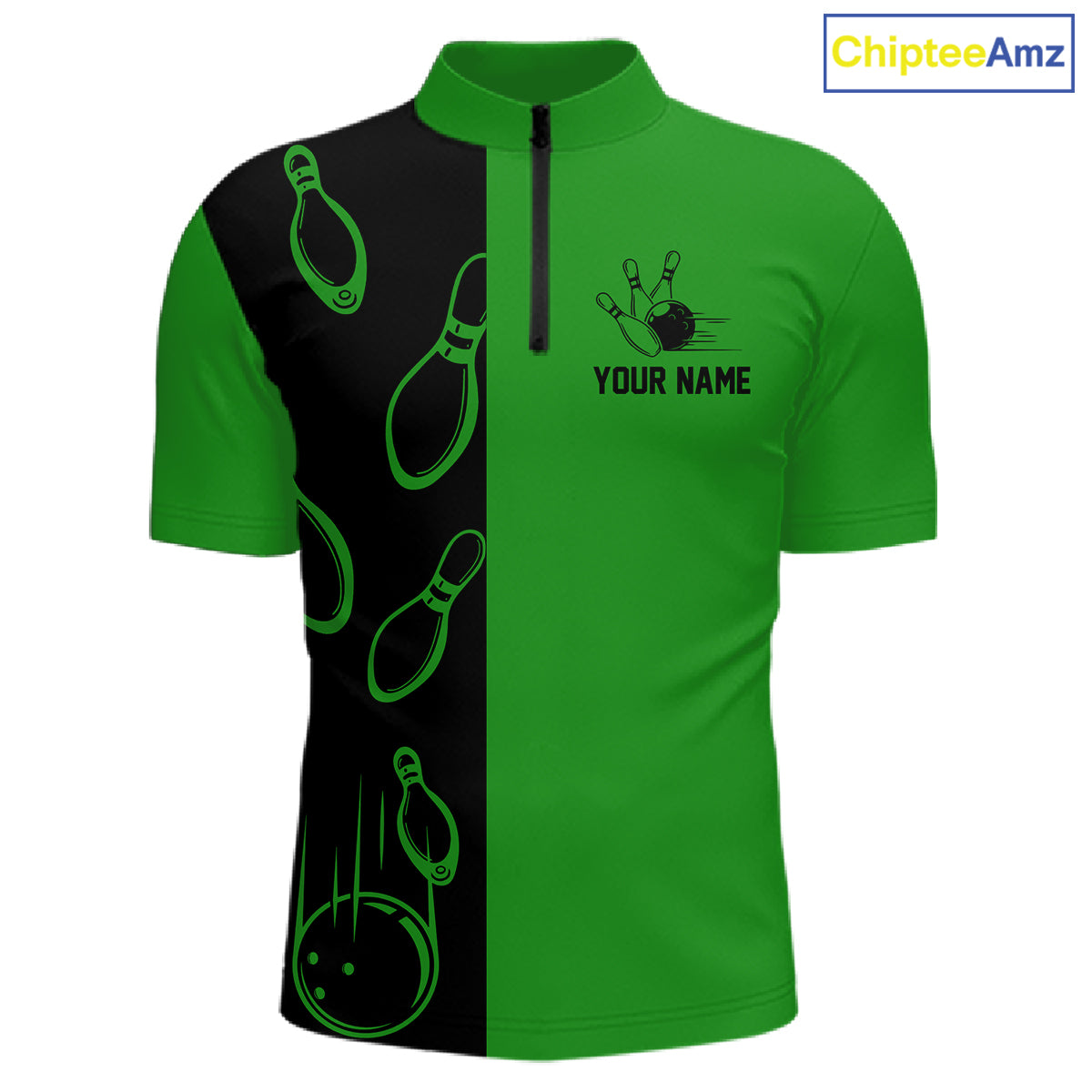 Green and Black retro vintage Bowling polo, quarter zip shirts for men custom Bowling team jerseys NQS11564