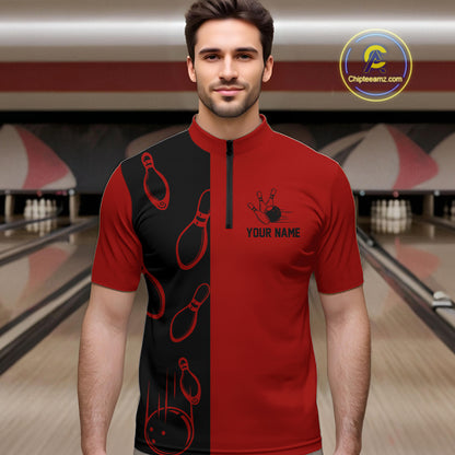 Red and Black retro vintage Bowling polo, quarter zip shirts for men custom Bowling team jerseys NQS11565