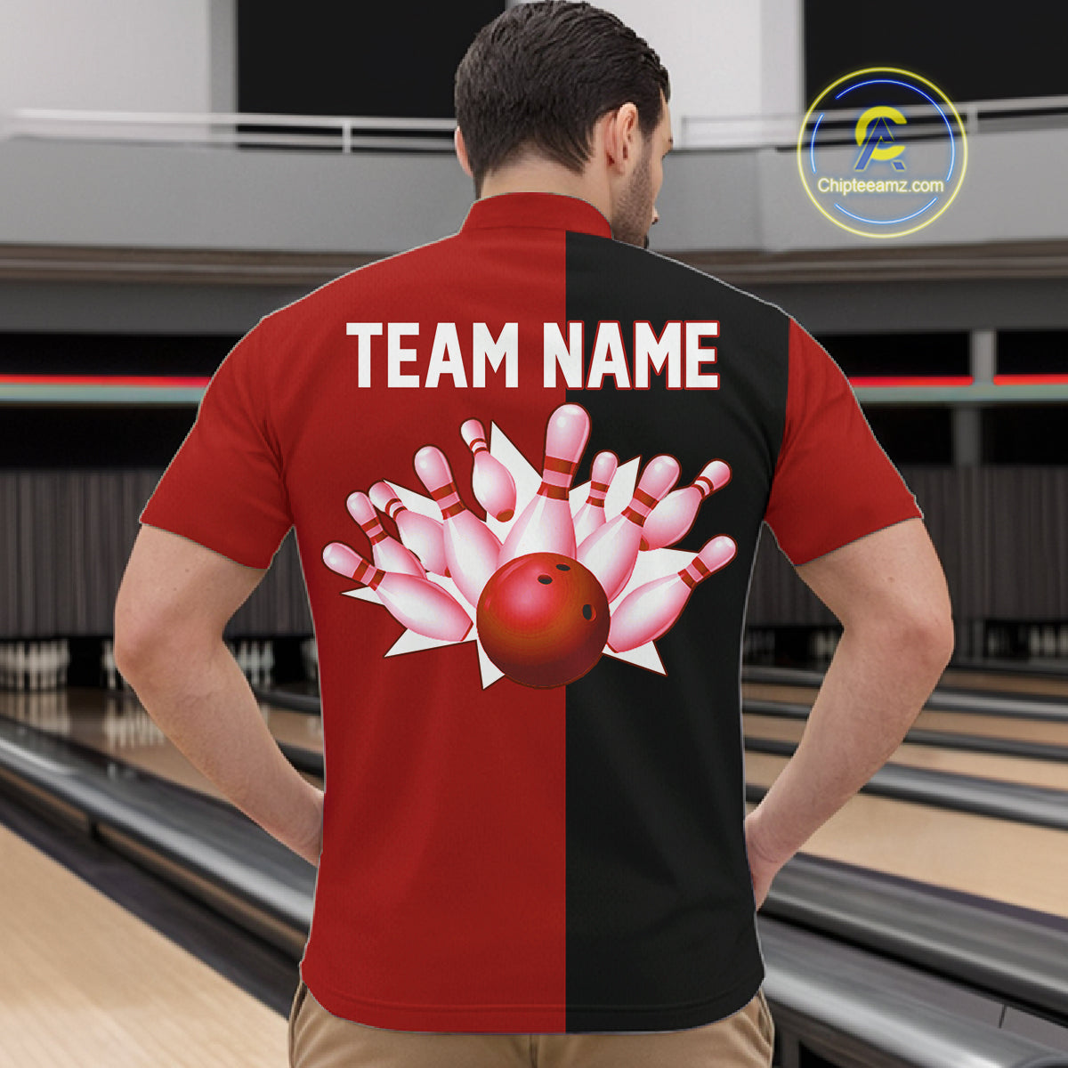 Red and Black retro vintage Bowling polo, quarter zip shirts for men custom Bowling team jerseys NQS11565