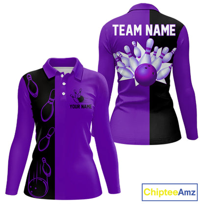 Purple and Black retro vintage Bowling polo, quarter zip shirts for Women custom Bowling team jerseys NQS11566