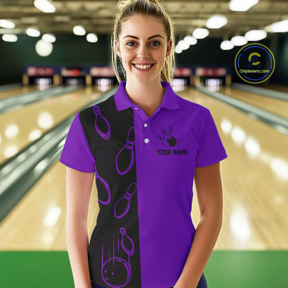 Purple and Black retro vintage Bowling polo, quarter zip shirts for Women custom Bowling team jerseys NQS11566