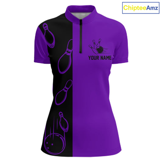 Purple and Black retro vintage Bowling polo, quarter zip shirts for Women custom Bowling team jerseys NQS11566