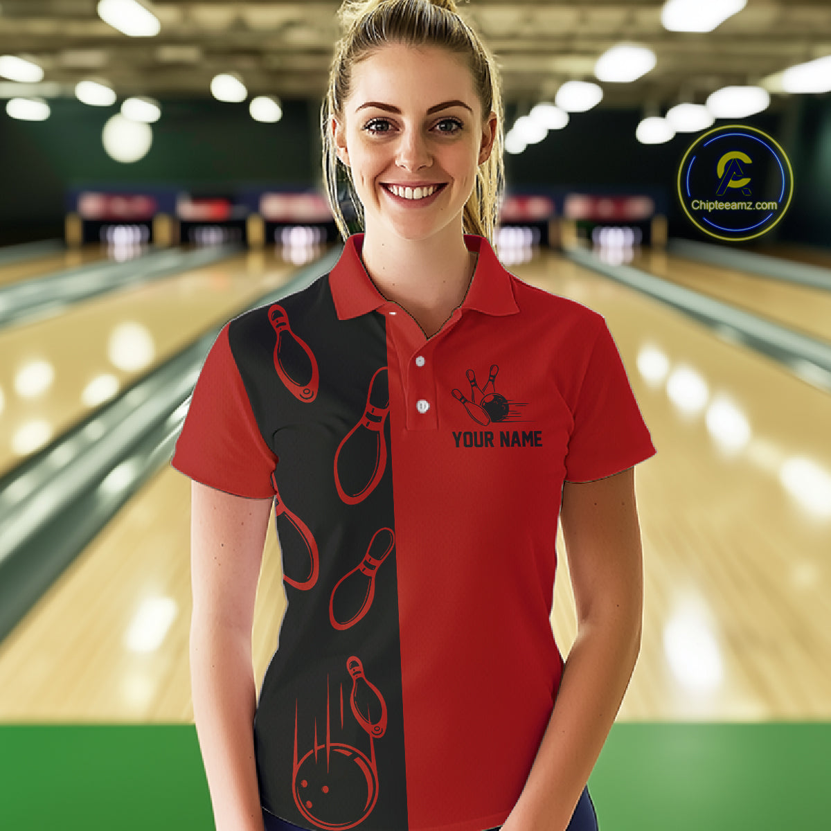 Red and Black retro vintage Bowling polo, quarter zip shirts for Women custom Bowling team jerseys NQS11565