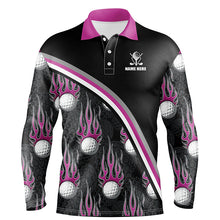 Load image into Gallery viewer, Golf balls pink flame pattern Mens Golf polo shirts custom name golf clothes for men golfing | Black NQS6107