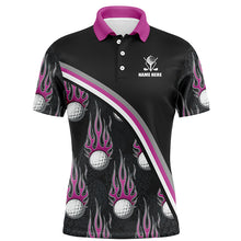 Load image into Gallery viewer, Golf balls pink flame pattern Mens Golf polo shirts custom name golf clothes for men golfing | Black NQS6107